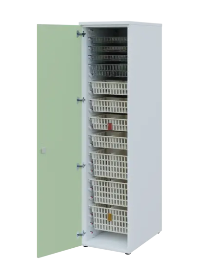 EUROMEDICA D - 46 skříň léková boxová, 1-dveřová, levá, 1950x460x735, korpus bílý, dvířka šedo-zelinkavá